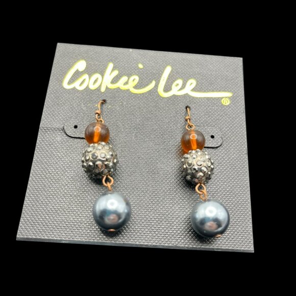 Cookie Lee Earrings Copper Tone Dangle Three Bead Amber Color Silver Gray Beads - Picture 3 of 6